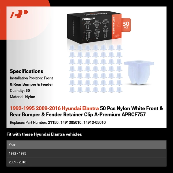 1992-1995 2009-2016 Hyundai Elantra 50 Pcs Nylon White Front & Rear Bumper & Fender Retainer Clip A-Premium APRCF757