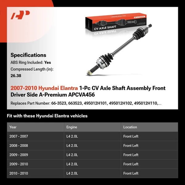 2007-2010 Hyundai Elantra 1-Pc CV Axle Shaft Assembly Front Driver Side A-Premium APCVA456