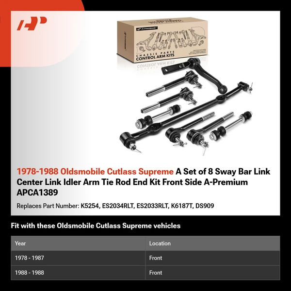1978-1988 Oldsmobile Cutlass Supreme A Set of 8 Sway Bar Link Center Link Idler Arm Tie Rod End Kit Front Side A-Premium APCA1389