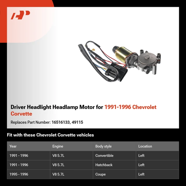 Driver Headlight Headlamp Motor for 1991-1996 Chevrolet Corvette