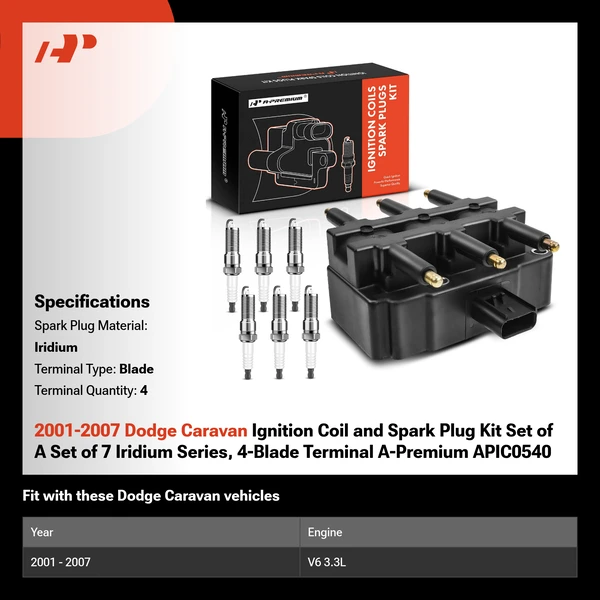2001-2007 Dodge Caravan Ignition Coil and Spark Plug Kit Set of A Set of 7 Iridium Series, 4-Blade Terminal A-Premium APIC0540