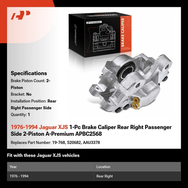 1976-1994 Jaguar XJS 1-Pc Brake Caliper Rear Right Passenger Side 2-Piston A-Premium APBC2568