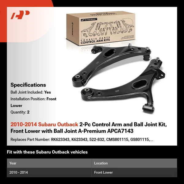 2010-2014 Subaru Outback 2-Pc Control Arm and Ball Joint Kit, Front Lower with Ball Joint A-Premium APCA7143