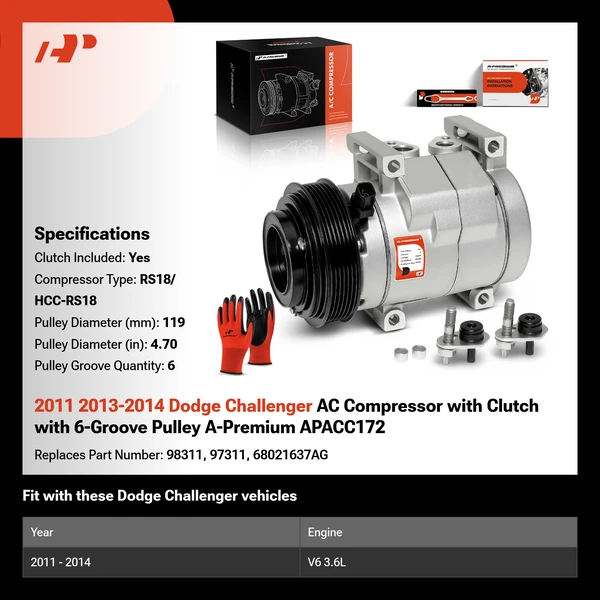 2011 2013-2014 Dodge Challenger AC Compressor with Clutch with 6-Groove Pulley A-Premium APACC172
