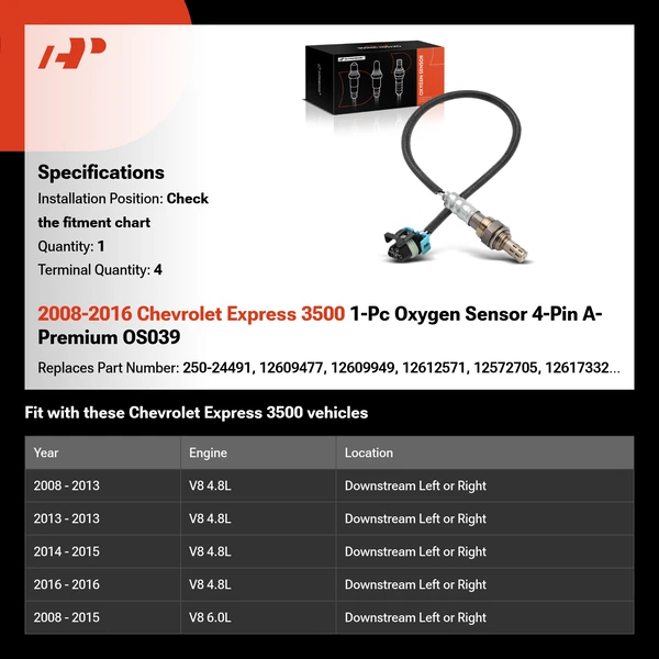 2008-2016 Chevrolet Express 3500 1-Pc Oxygen Sensor 4-Pin A-Premium OS039