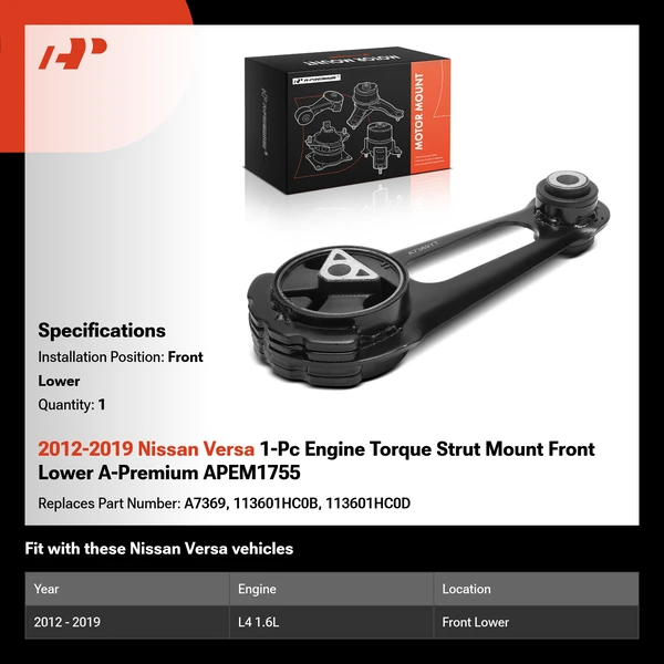 2012-2019 Nissan Versa 1-Pc Engine Torque Strut Mount Front Lower A-Premium APEM1755