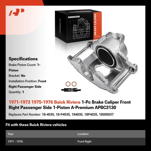 1971-1973 1975-1976 Buick Riviera 1-Pc Brake Caliper Front Right Passenger Side 1-Piston A-Premium APBC3130