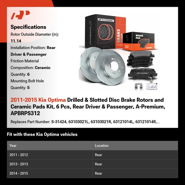 2011-2015 Kia Optima Drilled & Slotted Disc Brake Rotors and Ceramic Pads Kit, 6 Pcs, Rear Driver & Passenger, A-Premium, APBRPS312