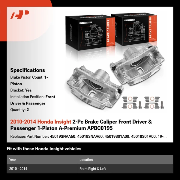 2010-2014 Honda Insight 2-Pc Brake Caliper Front Driver & Passenger 1-Piston A-Premium APBC0195