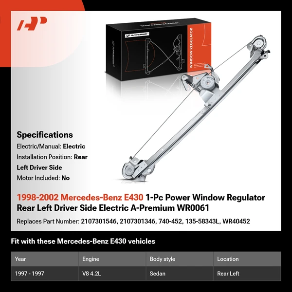 1998-2002 Mercedes-Benz E430 1-Pc Power Window Regulator Rear Left Driver Side Electric A-Premium WR0061