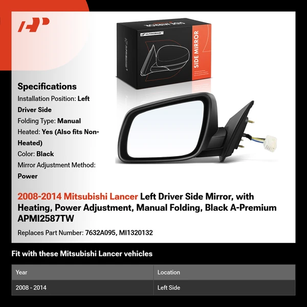 2008-2014 Mitsubishi Lancer Left Driver Side Mirror, with Heating, Power Adjustment, Manual Folding, Black A-Premium APMI2587TW