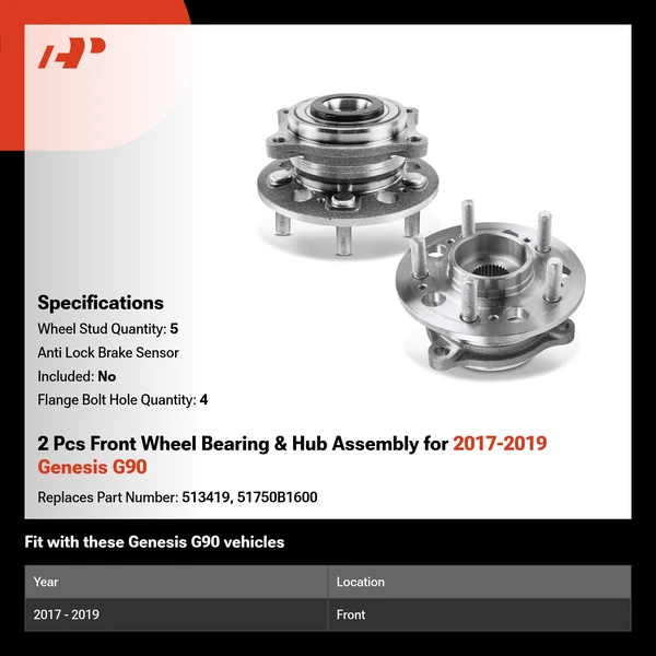 2 Pcs Front Wheel Bearing & Hub Assembly for 2017-2019 Genesis G90