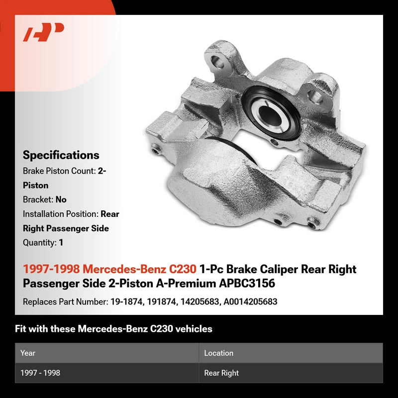 1997-1998 Mercedes-Benz C230 1-Pc Brake Caliper Rear Right Passenger Side 2-Piston A-Premium APBC3156