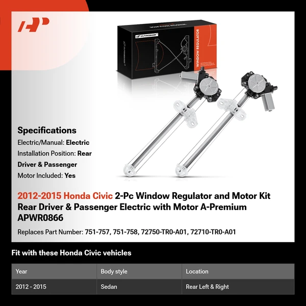 2012-2015 Honda Civic 2-Pc Window Regulator and Motor Kit Rear Driver & Passenger Electric with Motor A-Premium APWR0866
