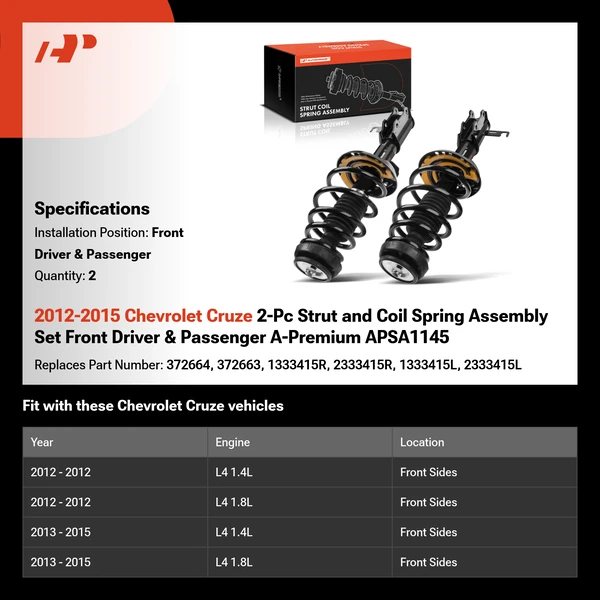 2012-2015 Chevrolet Cruze 2-Pc Strut and Coil Spring Assembly Set Front Driver & Passenger A-Premium APSA1145