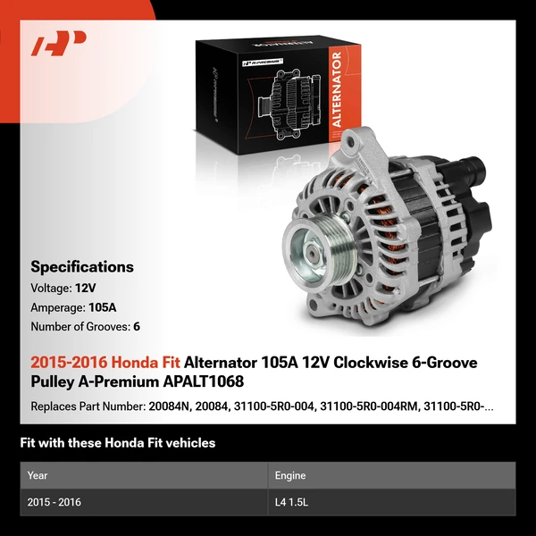2015-2016 Honda Fit Alternator 105A 12V Clockwise 6-Groove Pulley A-Premium APALT1068