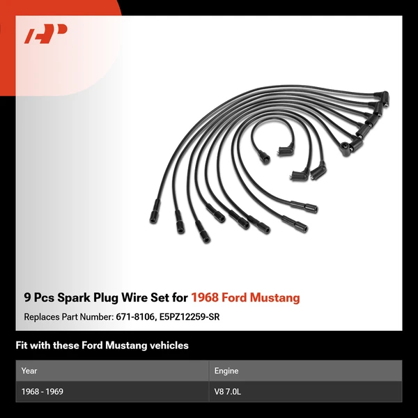 9 Pcs Spark Plug Wire Set for 1968 Ford Mustang