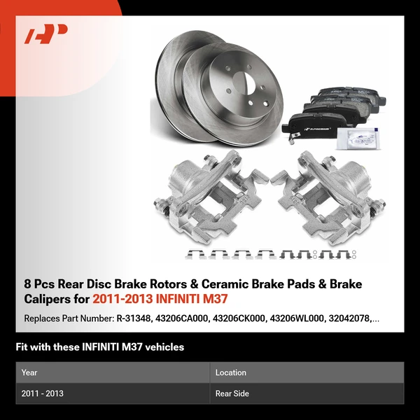 8 Pcs Rear Disc Brake Rotors & Ceramic Brake Pads & Brake Calipers for 2011-2013 INFINITI M37
