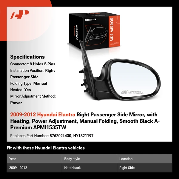 2009-2012 Hyundai Elantra Right Passenger Side Mirror, with Heating, Power Adjustment, Manual Folding, Smooth Black A-Premium APMI1535TW