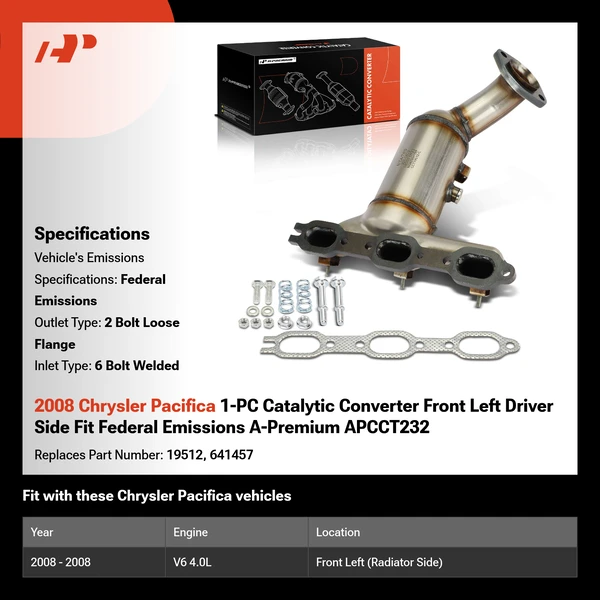 2008 Chrysler Pacifica 1-PC Catalytic Converter Front Left Driver Side Fit Federal Emissions A-Premium APCCT232