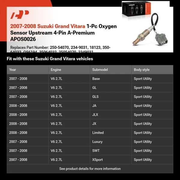 2007-2008 Suzuki Grand Vitara 1-Pc Oxygen Sensor Upstream 4-Pin A-Premium APOS0026