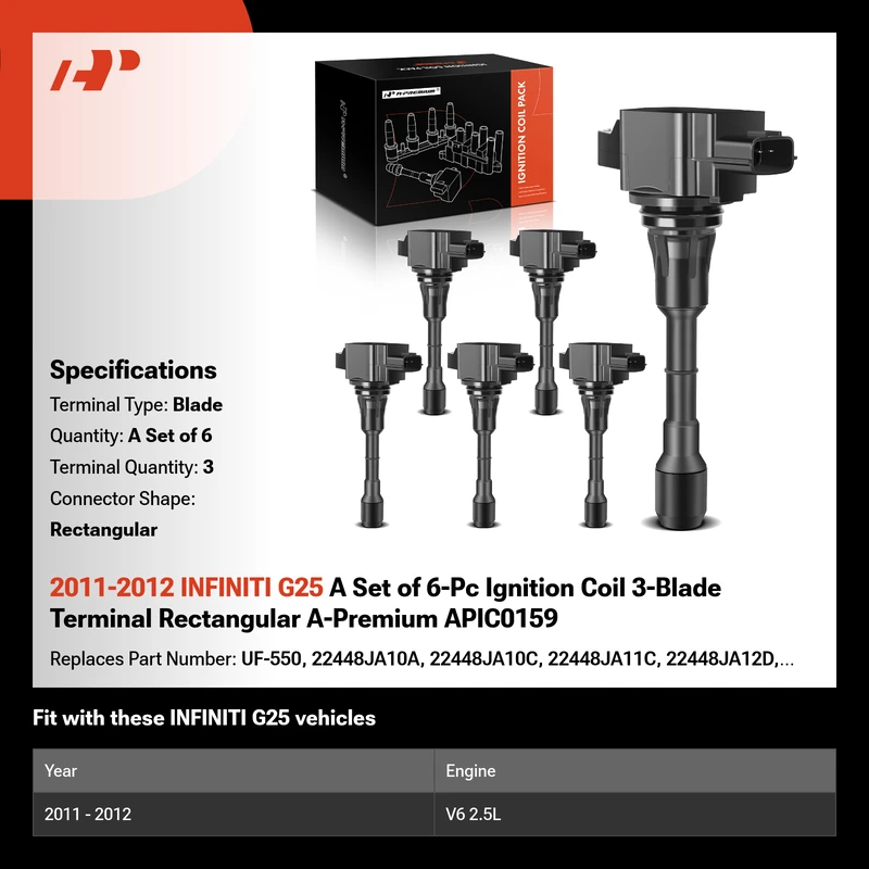2011-2012 INFINITI G25 A Set of 6-Pc Ignition Coil 3-Blade Terminal Rectangular A-Premium APIC0159