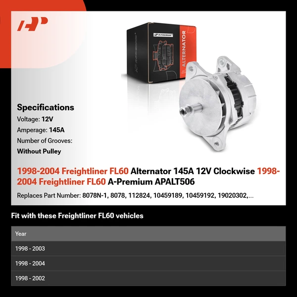 1998-2004 Freightliner FL60 Alternator 145A 12V Clockwise 1998-2004 Freightliner FL60 A-Premium APALT506