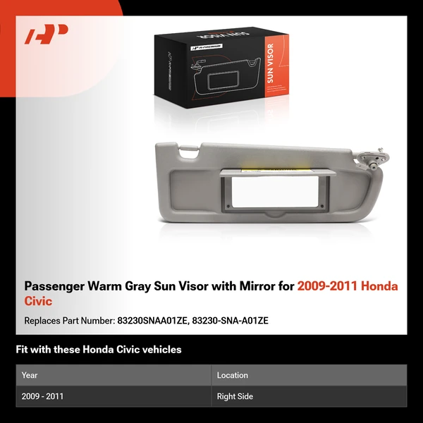 Passenger Warm Gray Sun Visor with Mirror for 2009-2011 Honda Civic