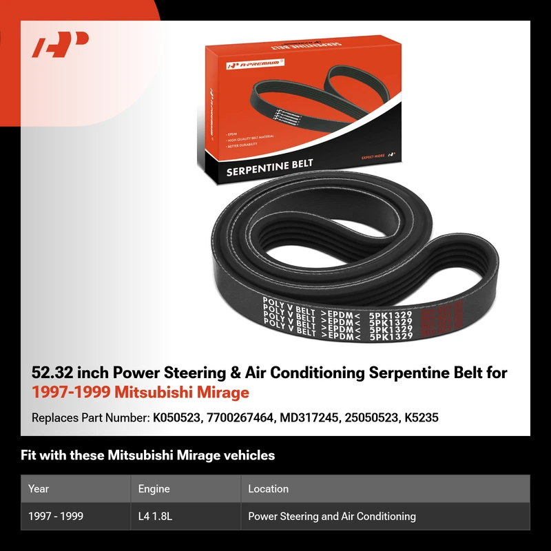 52.32 inch Power Steering & Air Conditioning Serpentine Belt for 1997-1999 Mitsubishi Mirage
