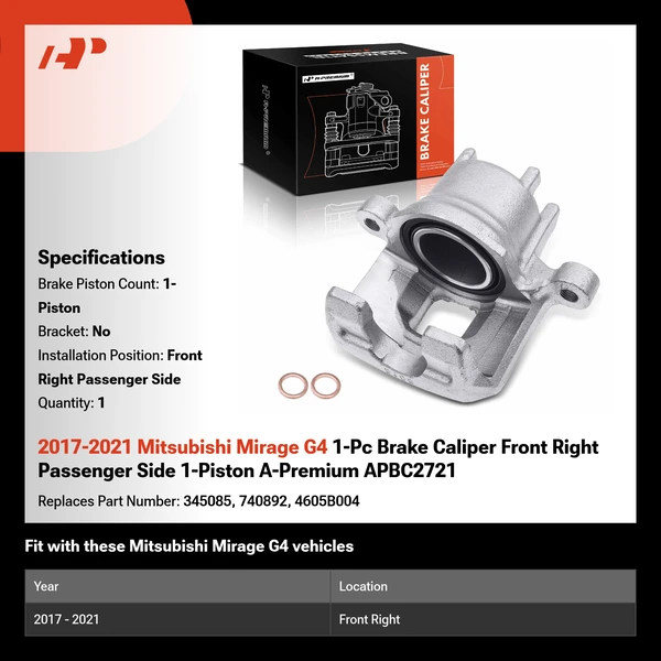 2017-2021 Mitsubishi Mirage G4 1-Pc Brake Caliper Front Right Passenger Side 1-Piston A-Premium APBC2721