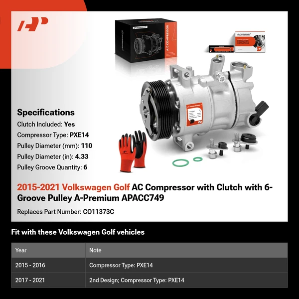 2015-2021 Volkswagen Golf AC Compressor with Clutch with 6-Groove Pulley A-Premium APACC749