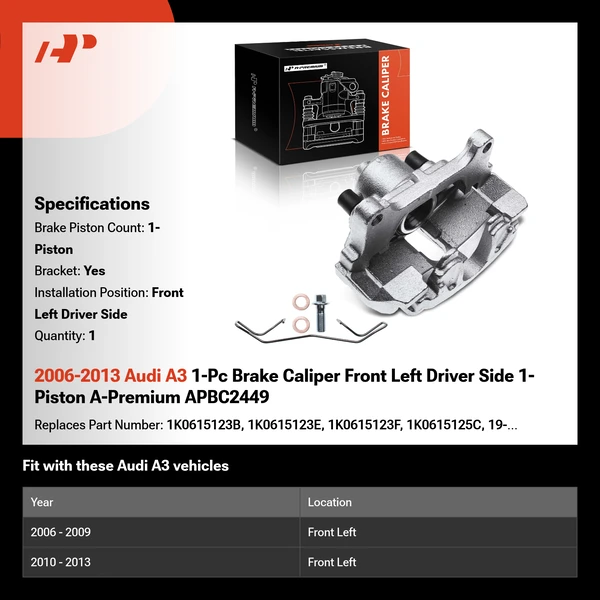 2006-2013 Audi A3 1-Pc Brake Caliper Front Left Driver Side 1-Piston A-Premium APBC2449