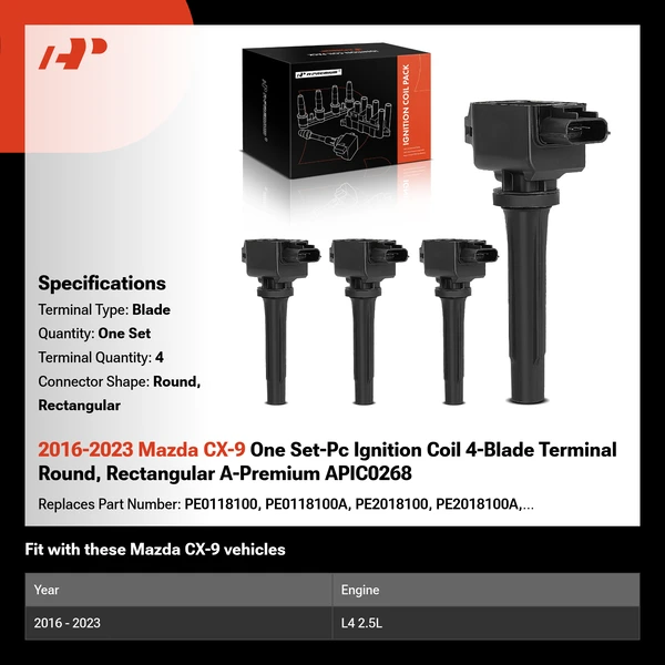 2016-2023 Mazda CX-9 One Set-Pc Ignition Coil 4-Blade Terminal Round, Rectangular A-Premium APIC0268