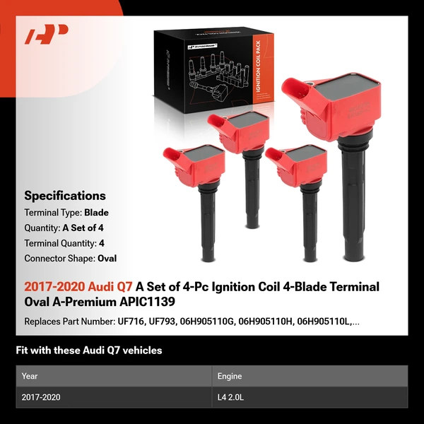 2017-2020 Audi Q7 A Set of 4-Pc Ignition Coil 4-Blade Terminal Oval A-Premium APIC1139