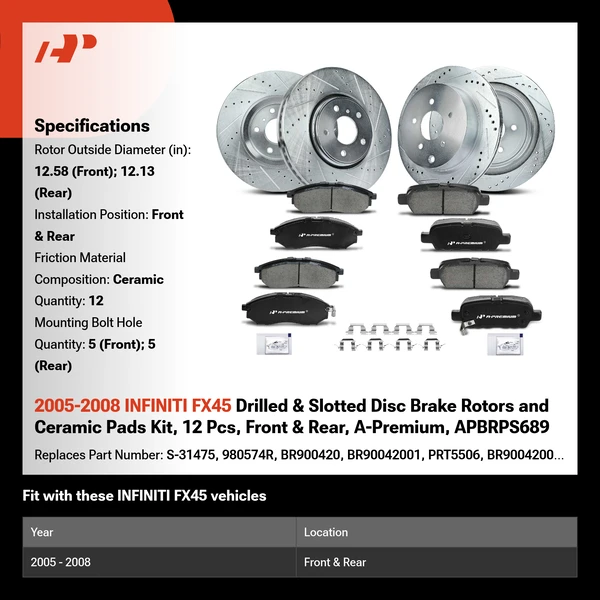 2005-2008 INFINITI FX45 Drilled & Slotted Disc Brake Rotors and Ceramic Pads Kit, 12 Pcs, Front & Rear, A-Premium, APBRPS689