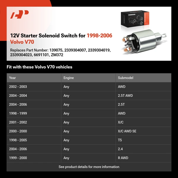 12V Starter Solenoid Switch for 1998-2006 Volvo V70