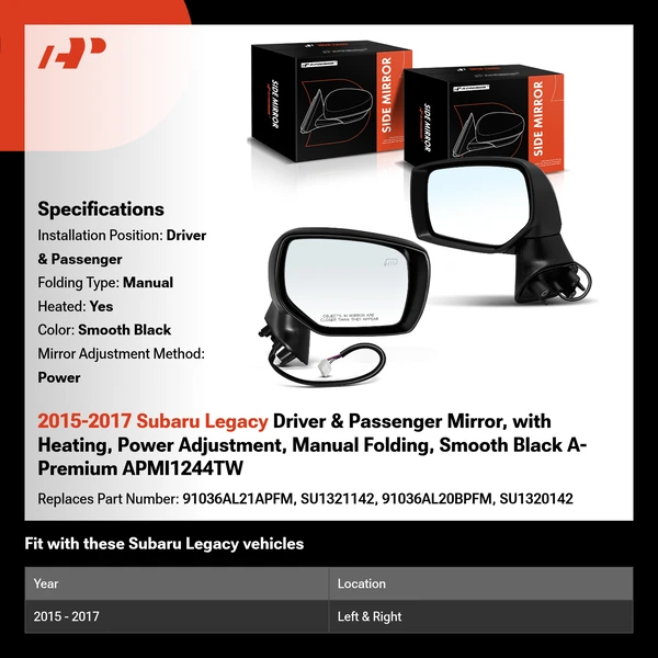 2015-2017 Subaru Legacy Driver & Passenger Mirror, with Heating, Power Adjustment, Manual Folding, Smooth Black A-Premium APMI1244TW