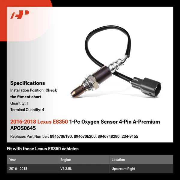 2016-2018 Lexus ES350 1-Pc Oxygen Sensor 4-Pin A-Premium APOS0645