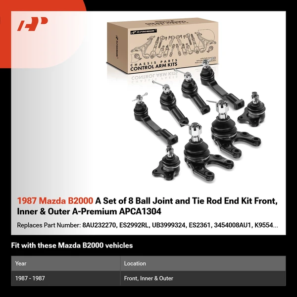 1987 Mazda B2000 A Set of 8 Ball Joint and Tie Rod End Kit Front, Inner & Outer A-Premium APCA1304