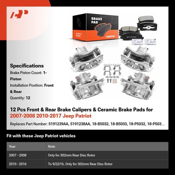 12 Pcs Front & Rear Brake Calipers & Ceramic Brake Pads for 2007-2008 2010-2017 Jeep Patriot