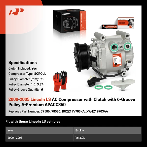 2000-2005 Lincoln LS AC Compressor with Clutch with 6-Groove Pulley A-Premium APACC350