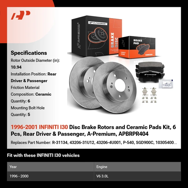 1996-2001 INFINITI I30 Disc Brake Rotors and Ceramic Pads Kit, 6 Pcs, Rear Driver & Passenger, A-Premium, APBRPR404