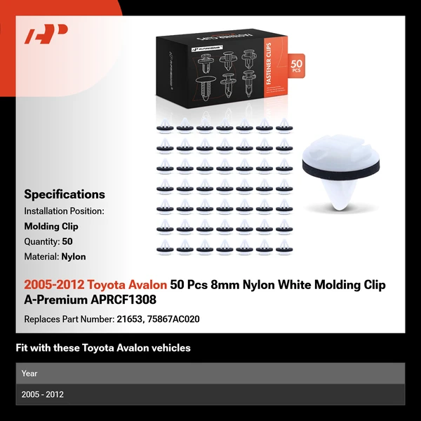 2005-2012 Toyota Avalon 50 Pcs 8mm Nylon White Molding Clip A-Premium APRCF1308