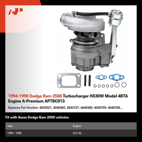 1994-1998 Dodge Ram 2500 Turbocharger HX30W Model 4BTA Engine A-Premium APTBC013