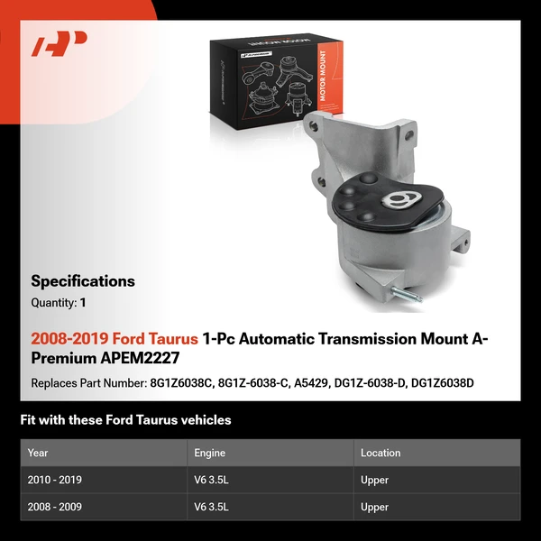 2008-2019 Ford Taurus 1-Pc Automatic Transmission Mount A-Premium APEM2227