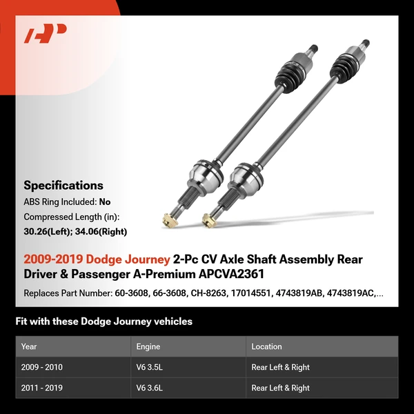 2009-2019 Dodge Journey 2-Pc CV Axle Shaft Assembly Rear Driver & Passenger A-Premium APCVA2361