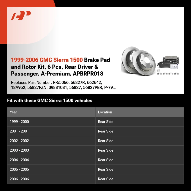 1999-2006 GMC Sierra 1500 Brake Pad and Rotor Kit, 6 Pcs, Rear Driver & Passenger, A-Premium, APBRPR018