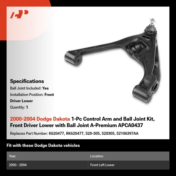 2000-2004 Dodge Dakota 1-Pc Control Arm and Ball Joint Kit, Front Driver Lower with Ball Joint A-Premium APCA0437