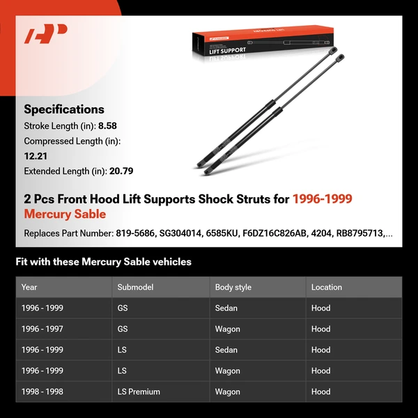 2 Pcs Front Hood Lift Supports Shock Struts for 1996-1999 Mercury Sable