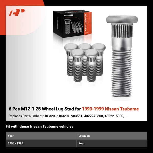 6 Pcs M12-1.25 Wheel Lug Stud for 1993-1999 Nissan Tsubame